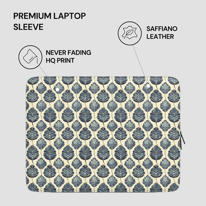 Laptop sleeve with leaf pattern and text highlighting features on a gray background