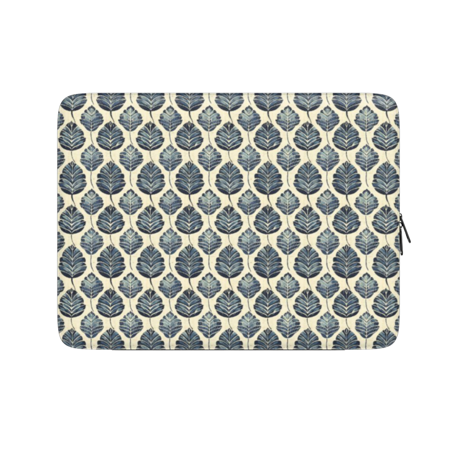 Laptop sleeve with blue leaf pattern on a beige background