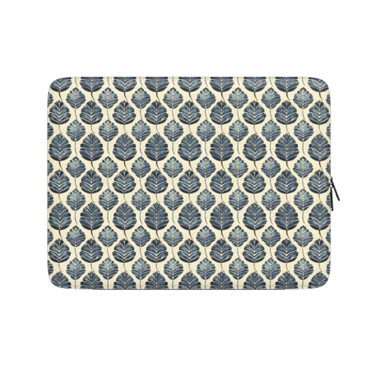 Laptop sleeve with blue leaf pattern on a beige background