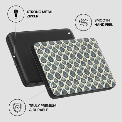 Patterned case with black zipper on a light gray background, featuring text about features.