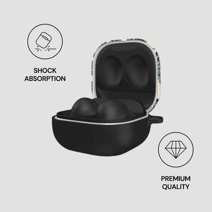 Black earbuds in a colorful case with 'Shock Absorption' and 'Premium Quality' icons on a light gray background.