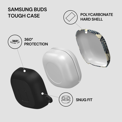 Samsung Buds Tough Case with features highlighted on a gray background