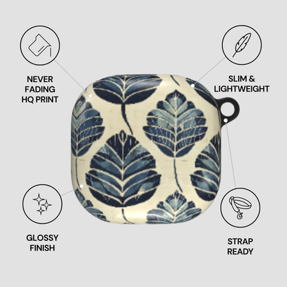 Floral patterned case with features listed on a gray background