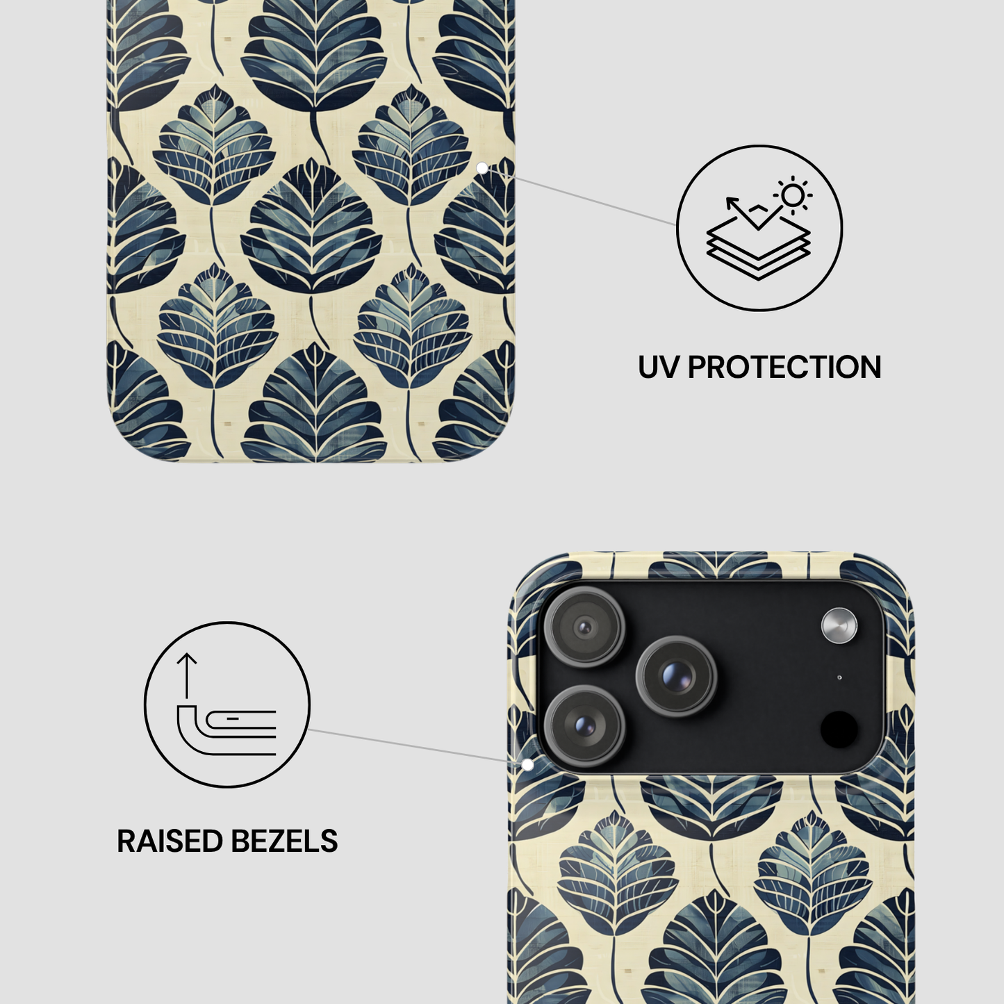 Phone case with leaf pattern and UV protection and raised bezels features