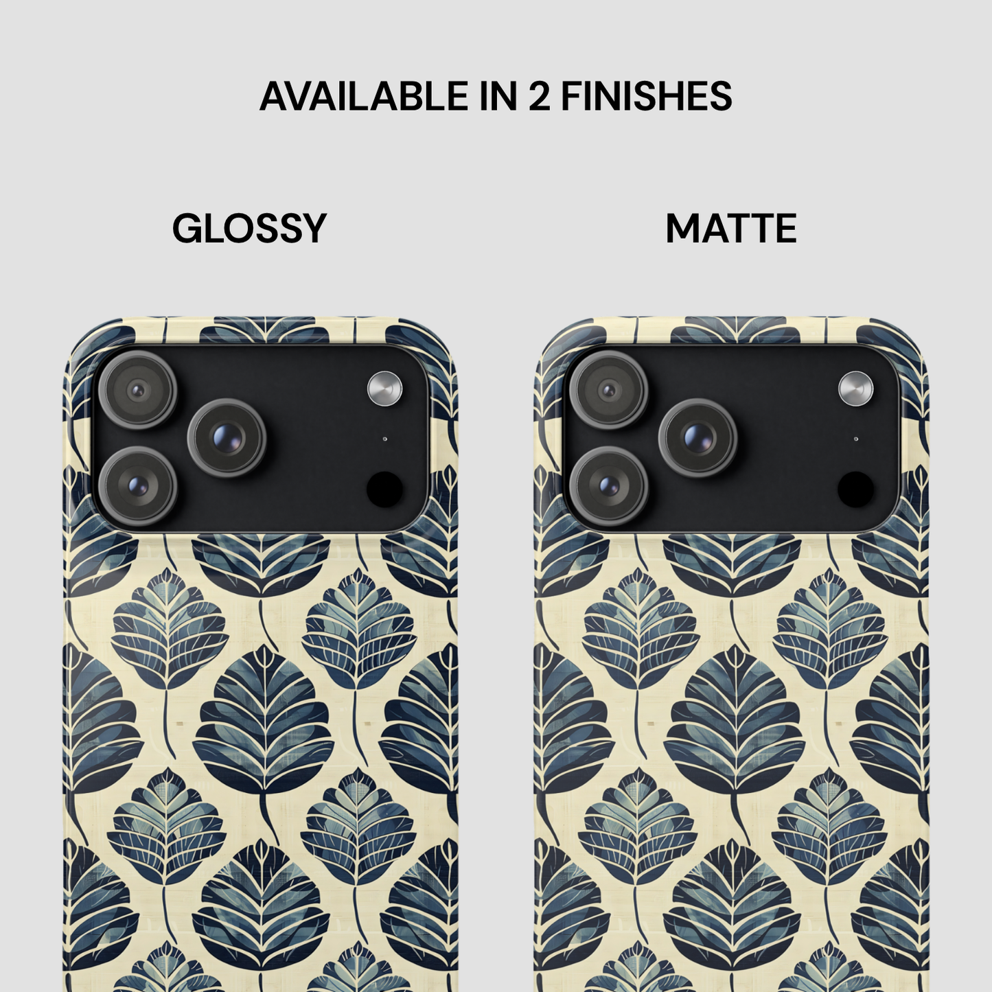 Two phone cases with leaf pattern, one glossy and one matte, on a white background.