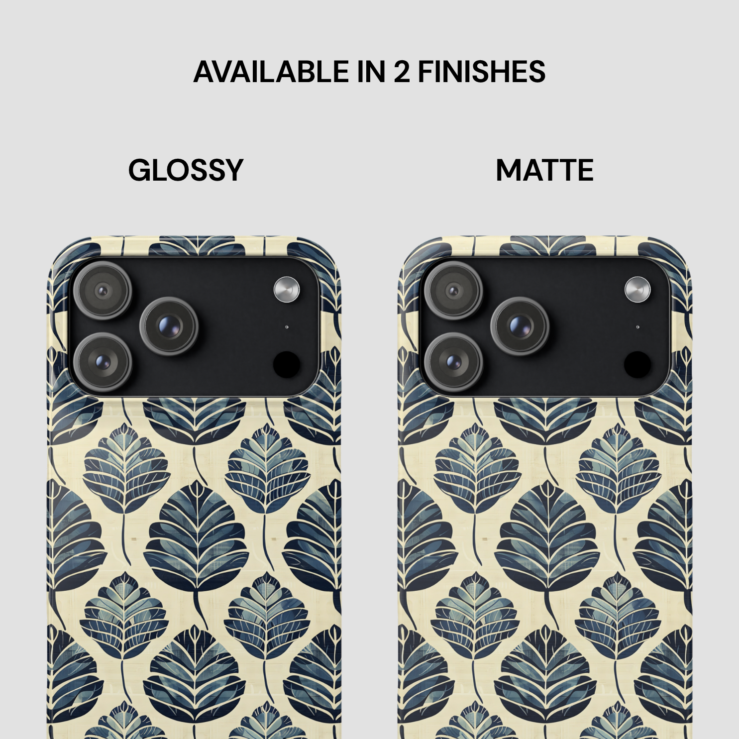 Two phone cases with leaf pattern, one glossy and one matte, on a white background.