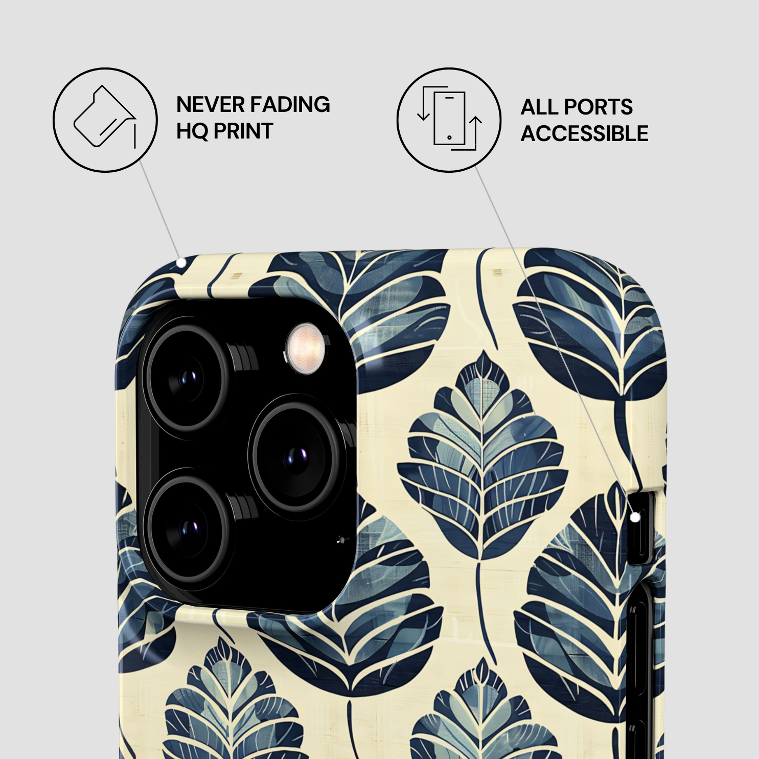 Phone case with leaf pattern and text about features on a light gray background