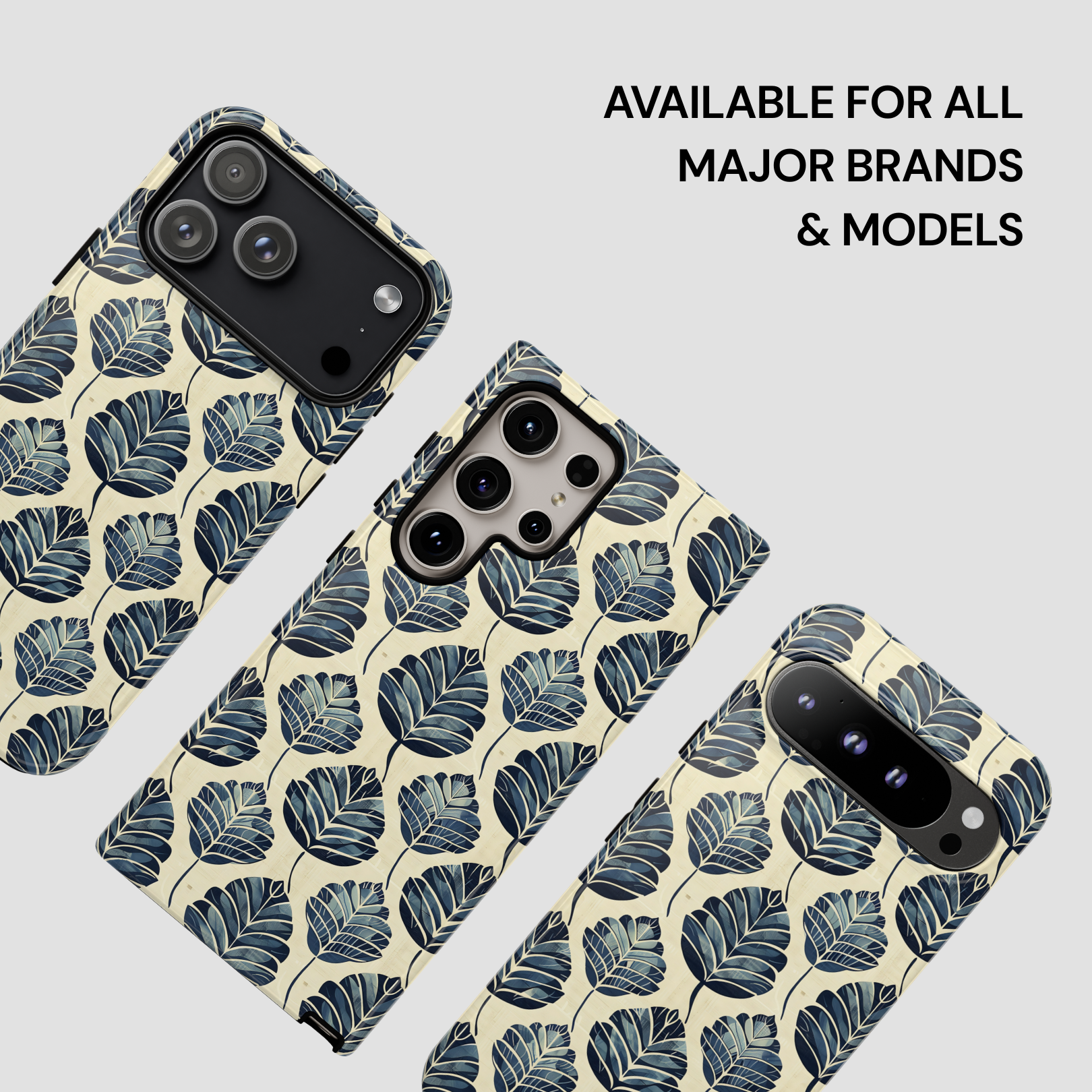 Phone case with leaf pattern on a light background, available for all major brands and models.