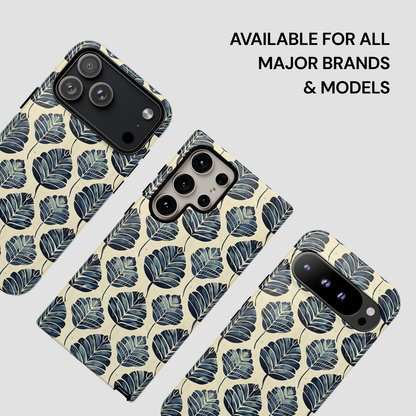 Phone case with leaf pattern on a light background, available for all major brands and models.