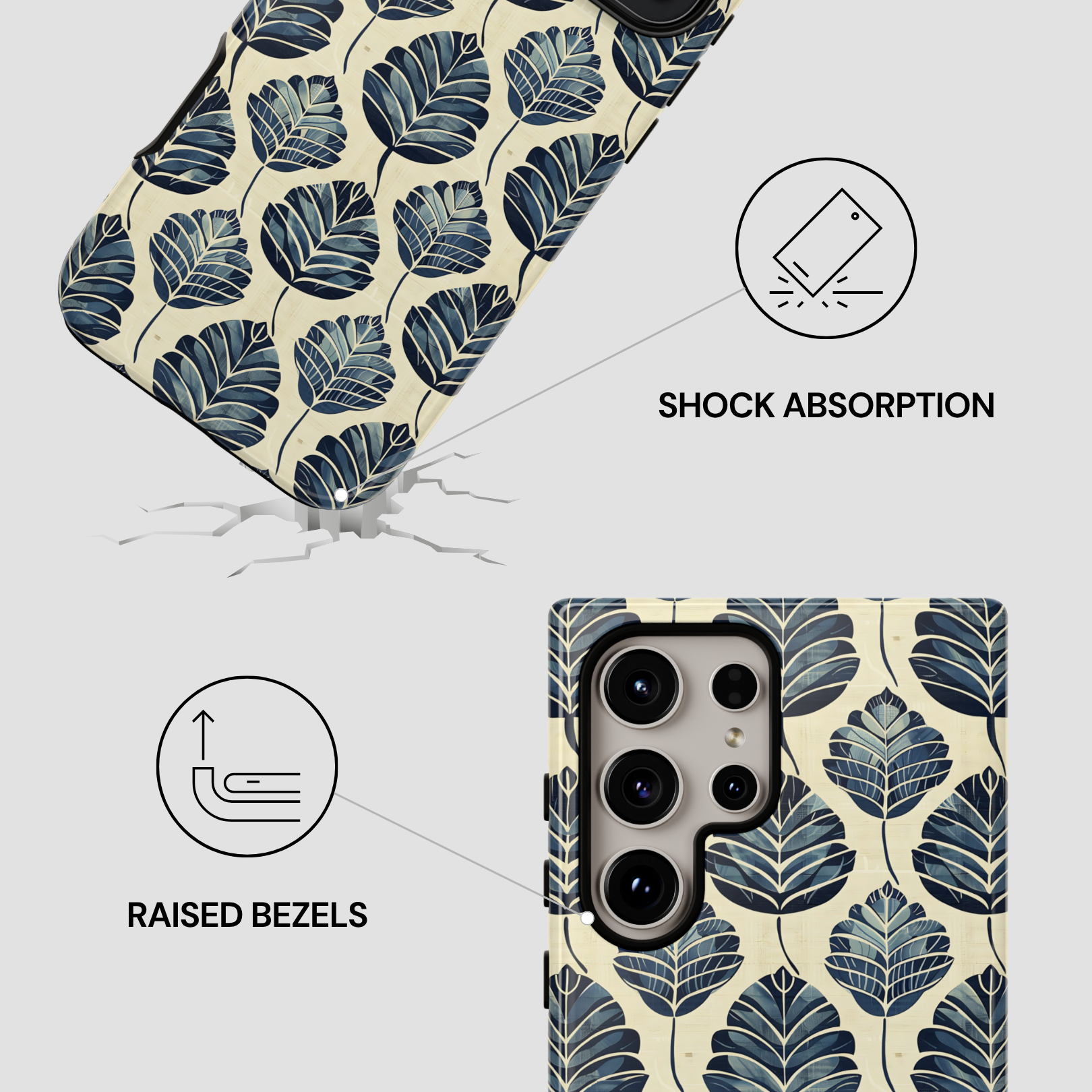 Phone case with leaf pattern and features highlighted on a light gray background