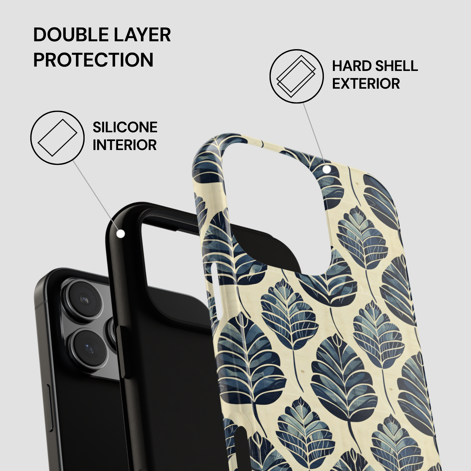 Phone case with leaf pattern and text highlighting double layer protection on a gray background