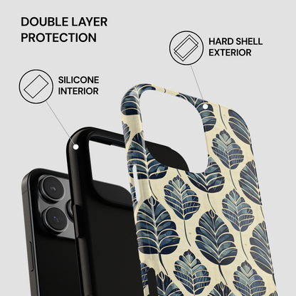 Phone case with leaf pattern and text highlighting double layer protection on a gray background