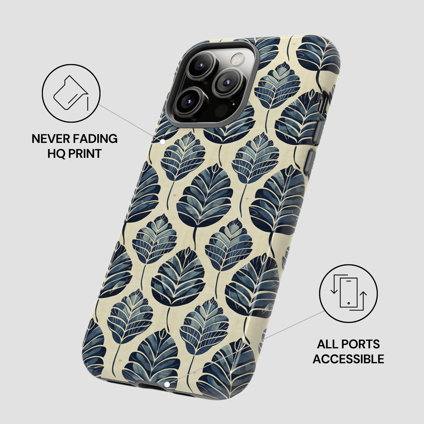 Phone case with leaf pattern on a light background