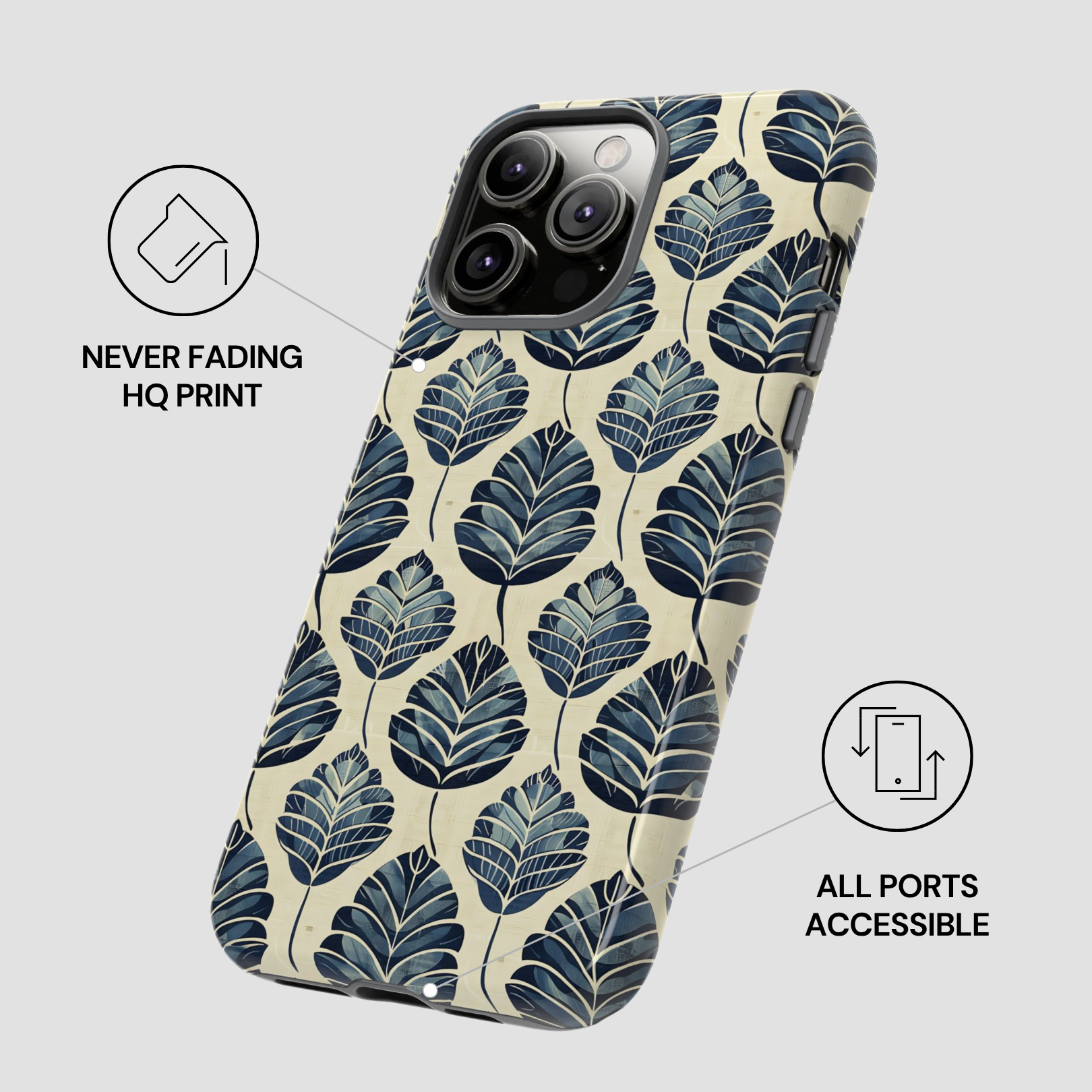 Phone case with leaf pattern on a light background