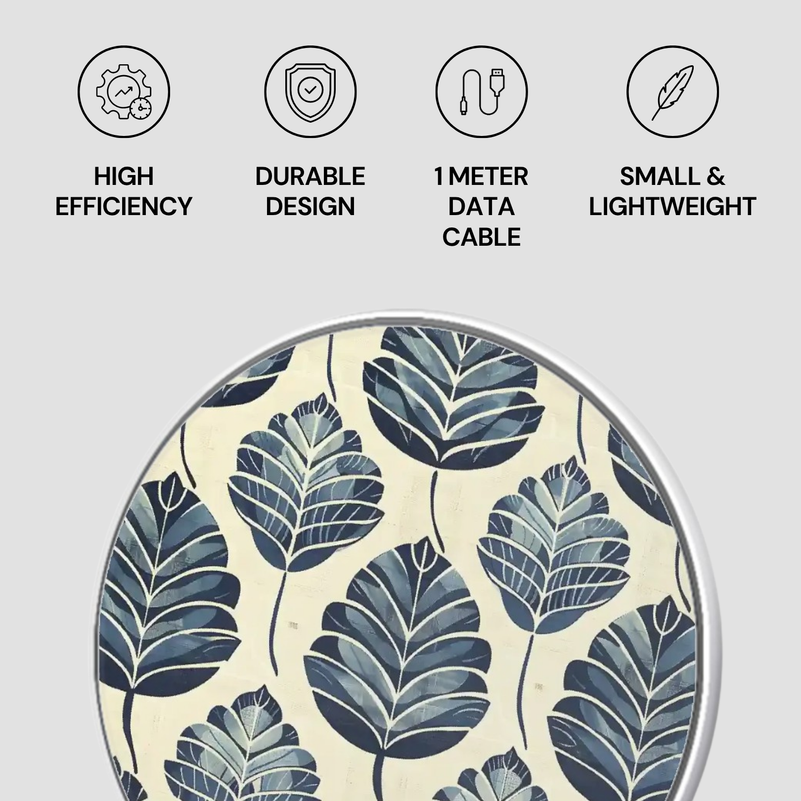 Circular product with leaf pattern and features listed on a light gray background