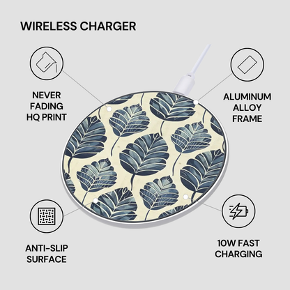 Wireless charger with leaf pattern and feature highlights on a light gray background