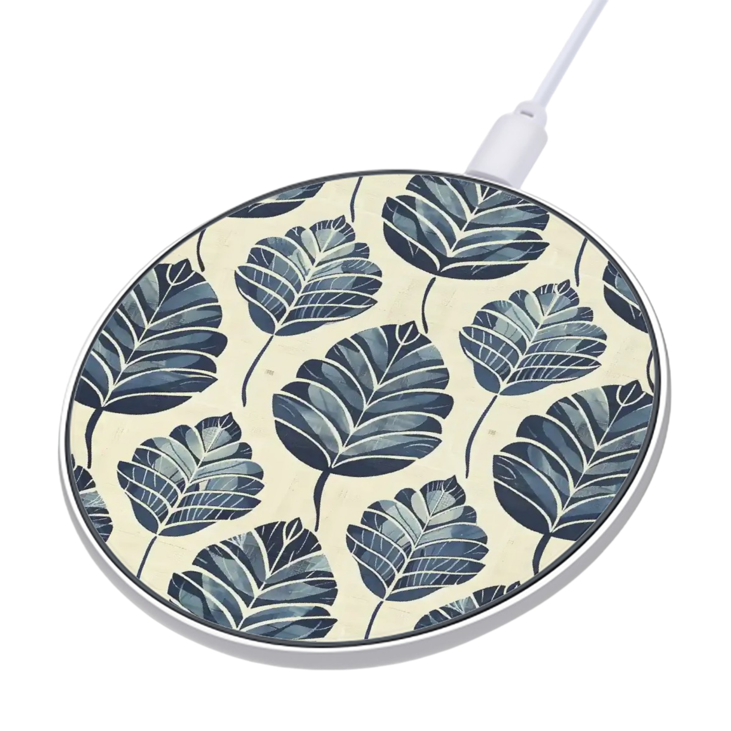Wireless charger with leaf pattern on a white background