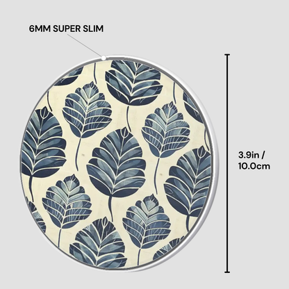 Circular product with leaf pattern and dimensions labeled on a light gray background