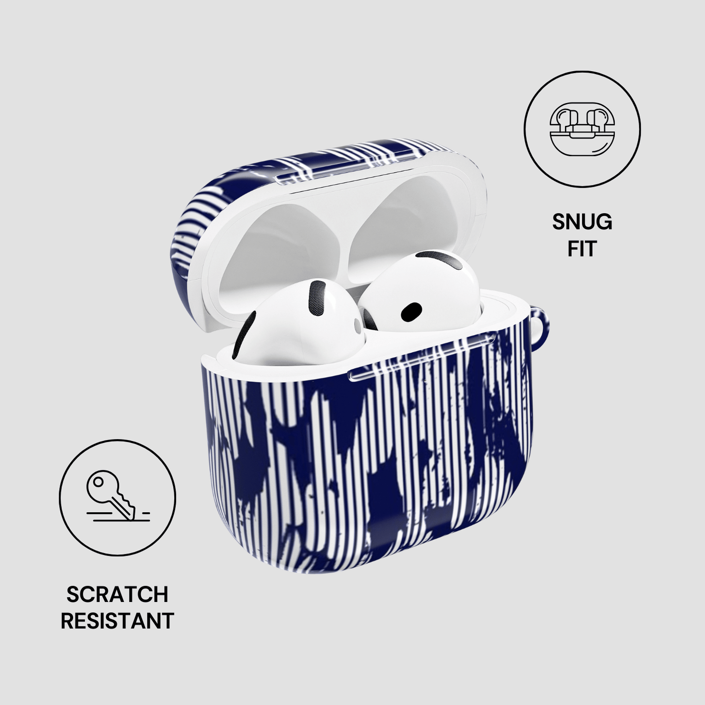 Wireless earbuds in a blue and white patterned case on a light gray background