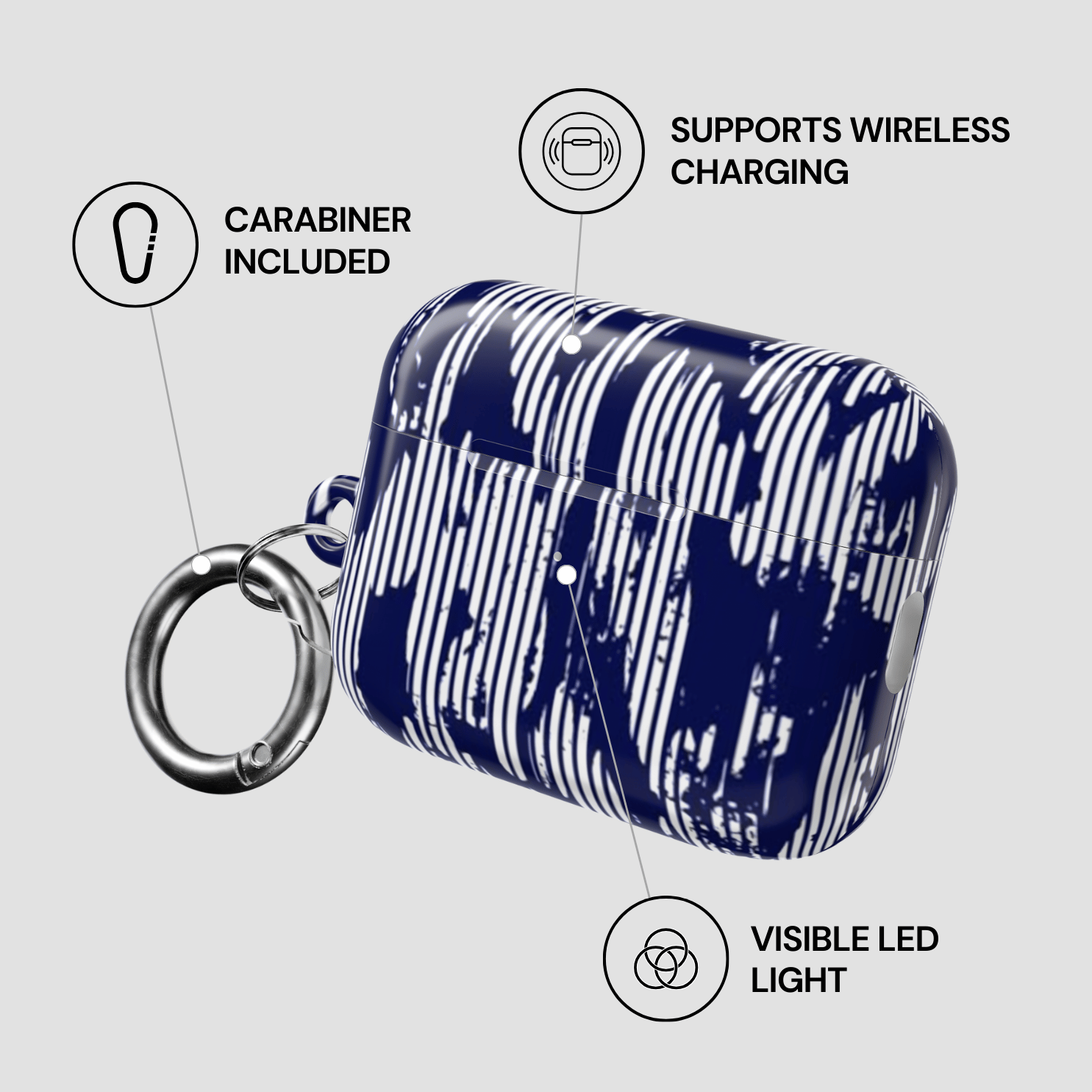 Blue and white patterned case with carabiner, wireless charging support, and visible LED light on a gray background.