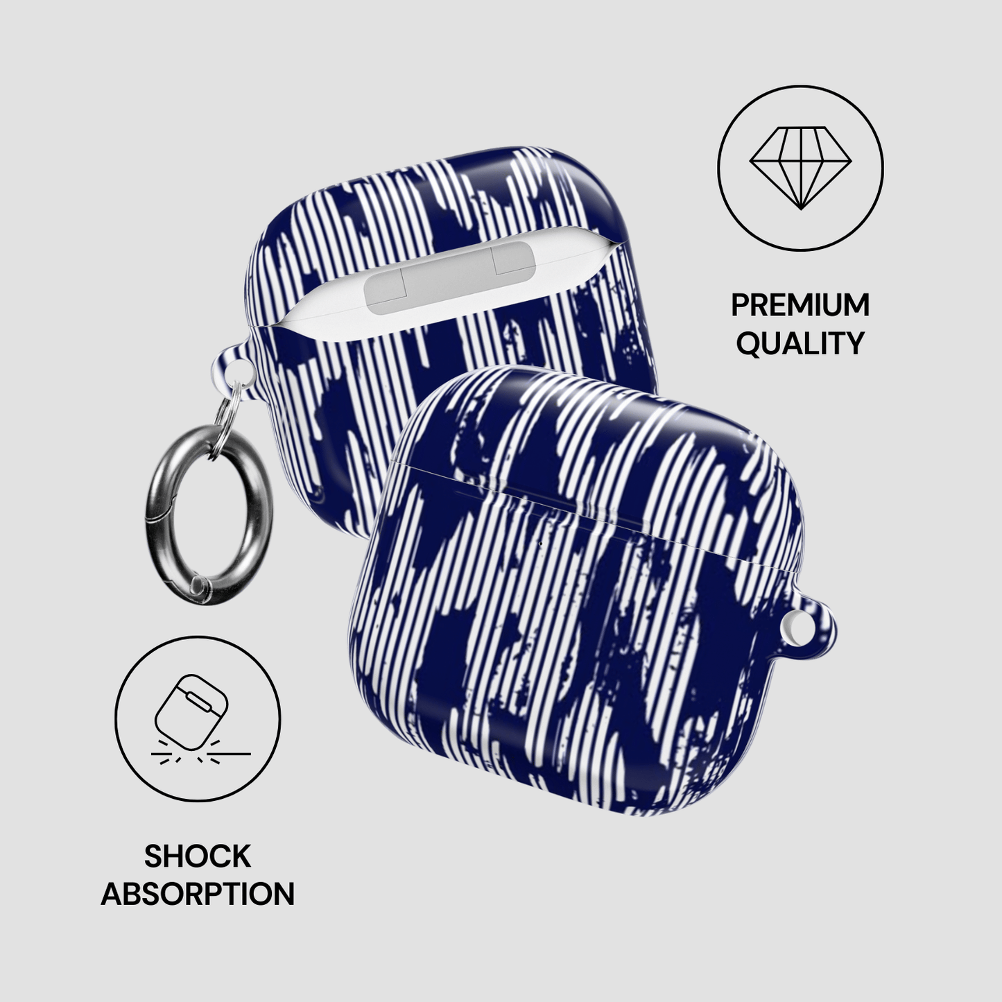 Blue and white patterned airpod case with shock absorption and premium quality indicators on a light gray background.