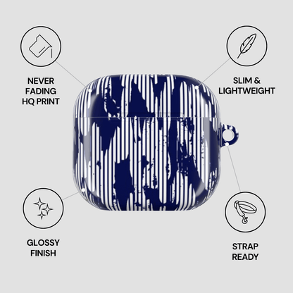 Blue and white patterned case with features listed on a gray background