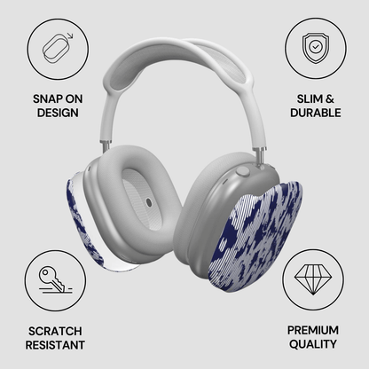 White headphones with blue camouflage design on a gray background with feature icons.