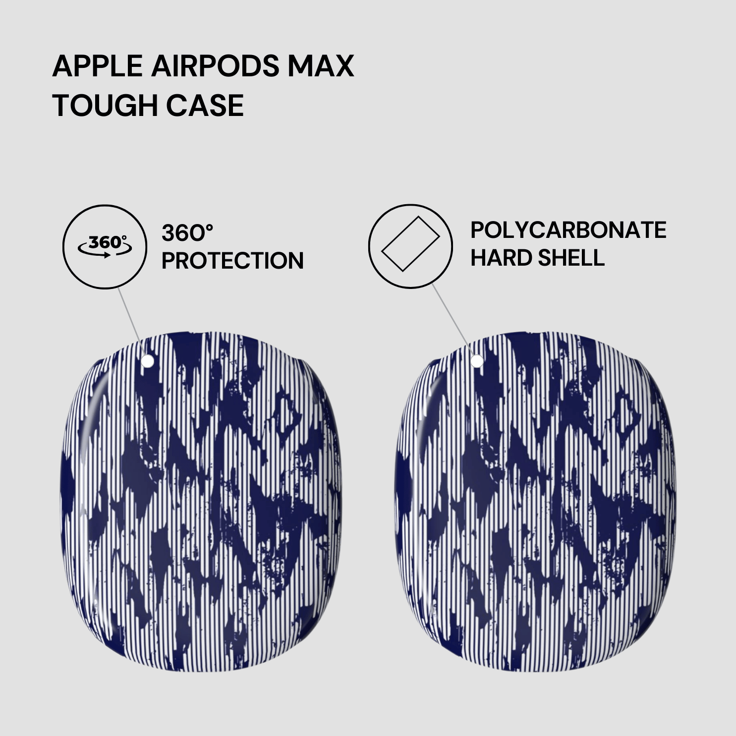 Apple AirPods Max tough case with 360-degree protection and polycarbonate hard shell features on a light gray background.