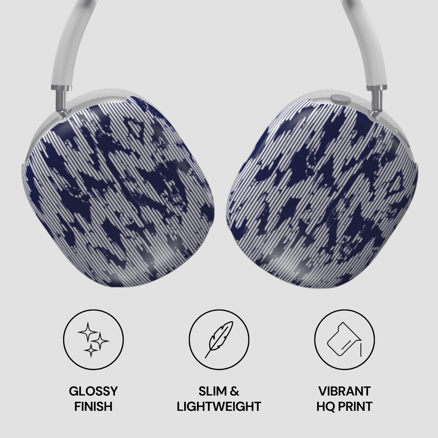 Headphones with blue and gray pattern on a white background