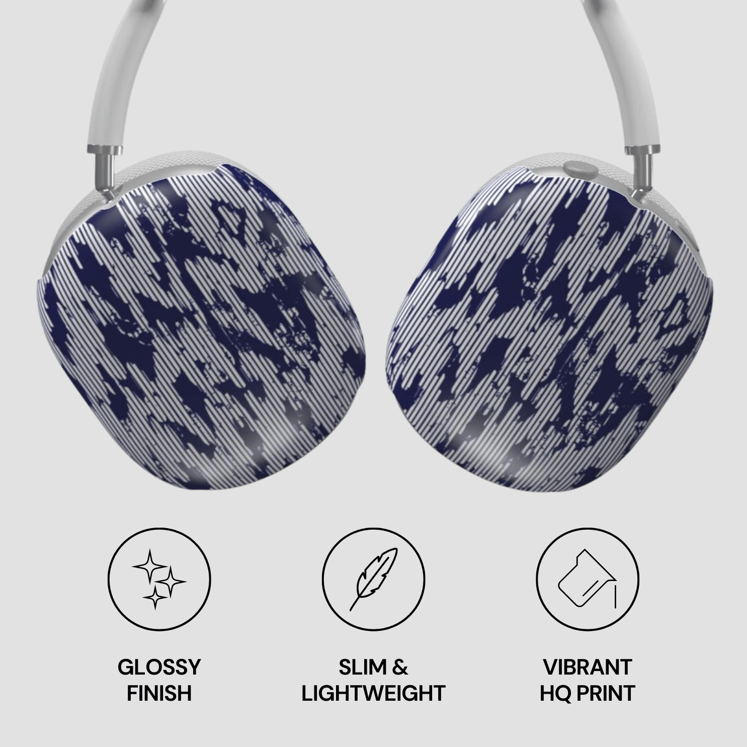 Headphones with blue and gray pattern on a white background