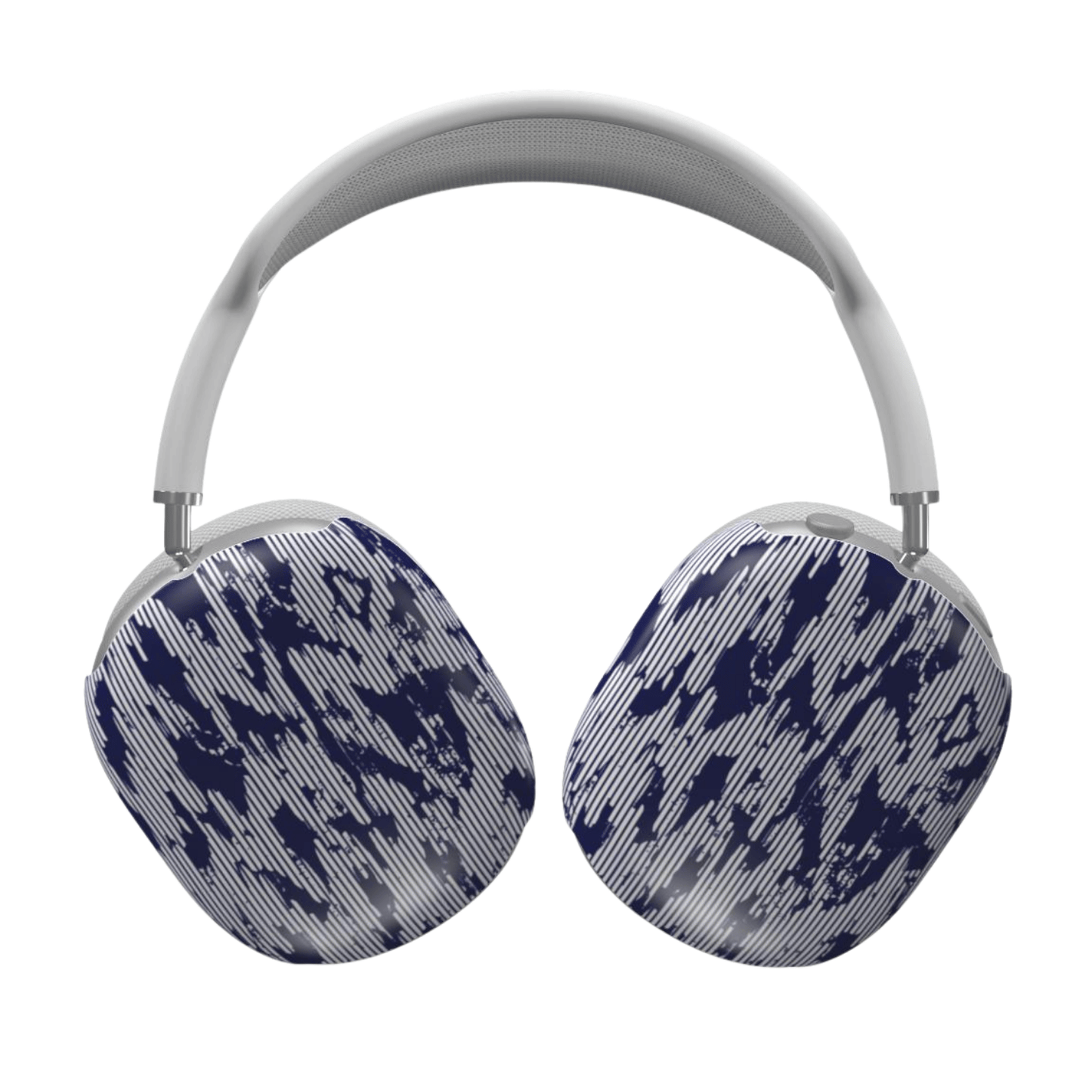 Headphones with blue and gray pattern on a white background