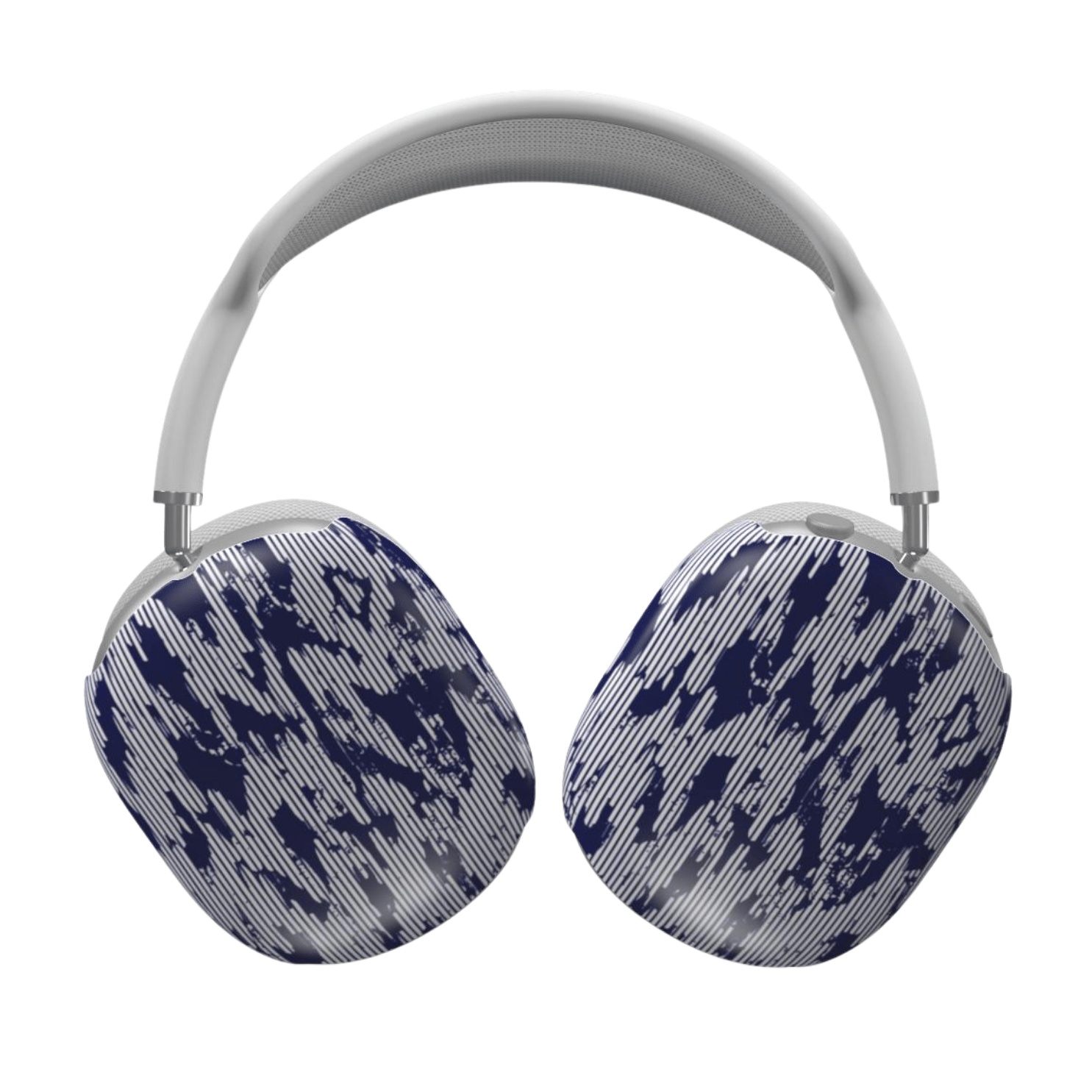 Headphones with blue and gray pattern on a white background