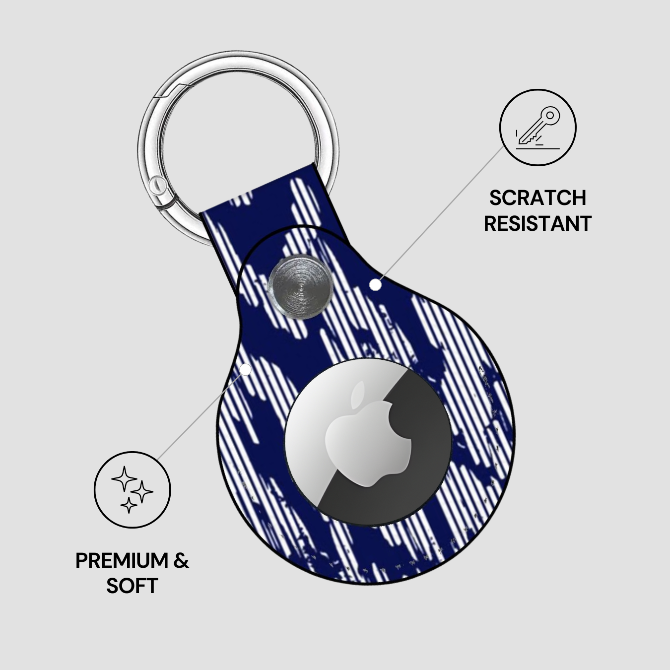 Blue patterned keychain case with Apple logo on a gray background