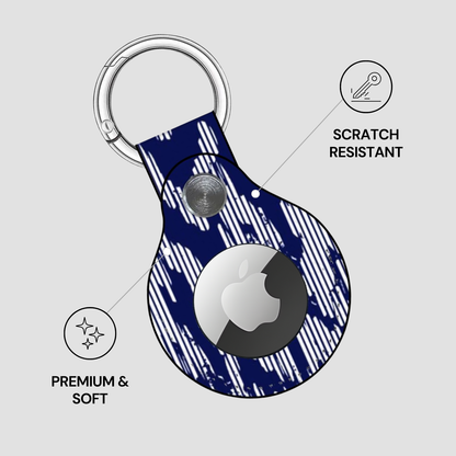 Blue patterned keychain case with Apple logo on a gray background