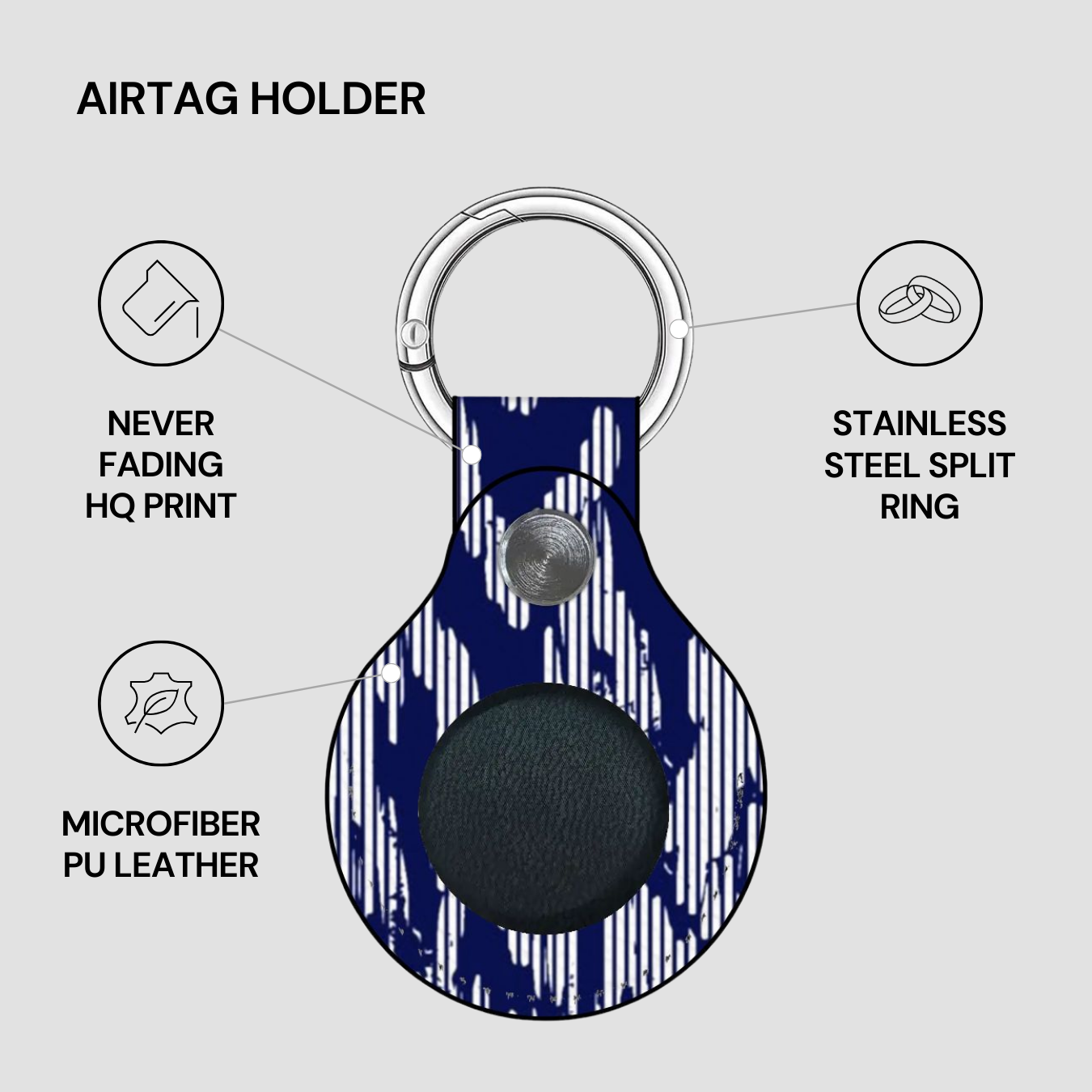 Airtag holder with features highlighted on a gray background