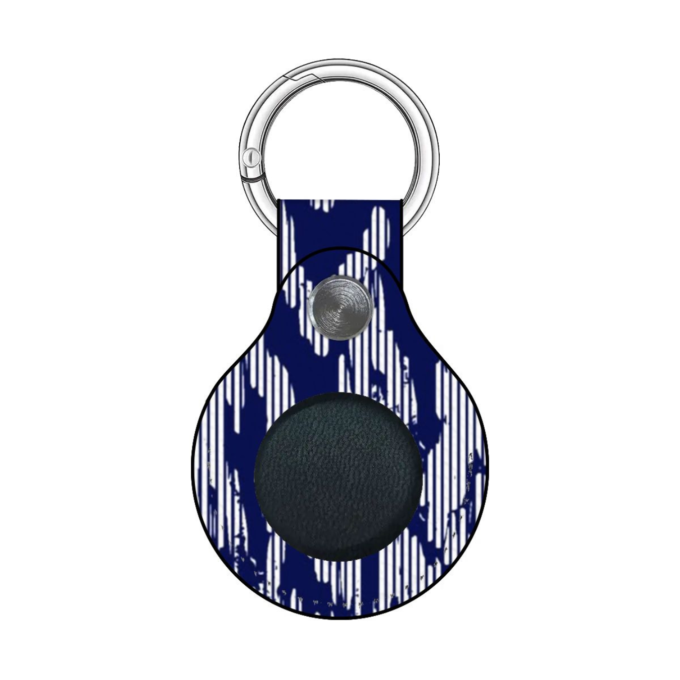 Keychain with blue and white pattern and black round component on a white background