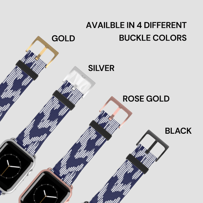 Four watch straps with different buckle colors on a gray background