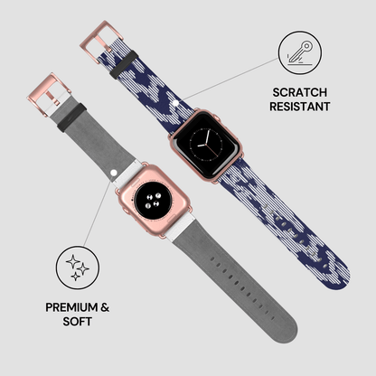 Two smartwatches with patterned and plain bands on a light gray background, highlighting scratch resistance and softness.