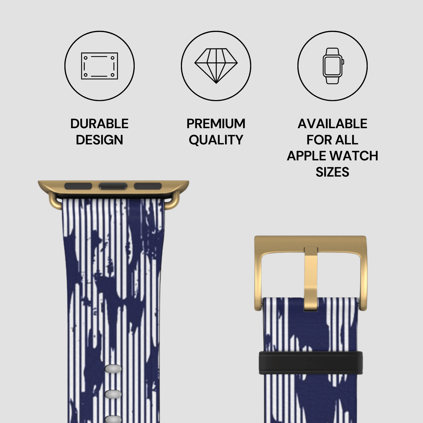 Navy and white patterned watch band with gold buckle on a light gray background, featuring durability, quality, and size availability text.