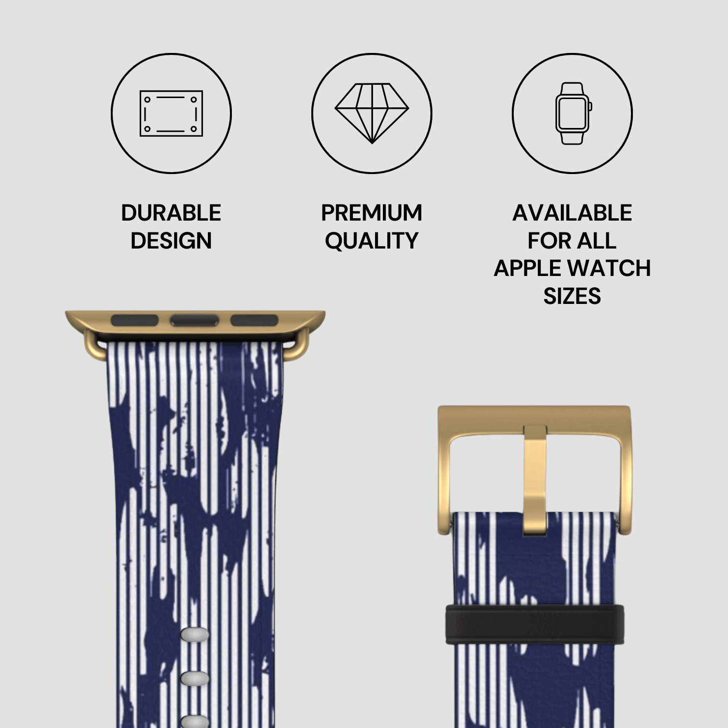 Navy and white patterned watch band with gold buckle on a light gray background, featuring durability, quality, and size availability text.