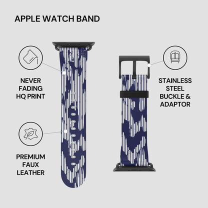 Blue camouflage Apple Watch band with features listed on a gray background