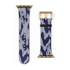 Navy and white patterned watch strap with gold hardware on a white background