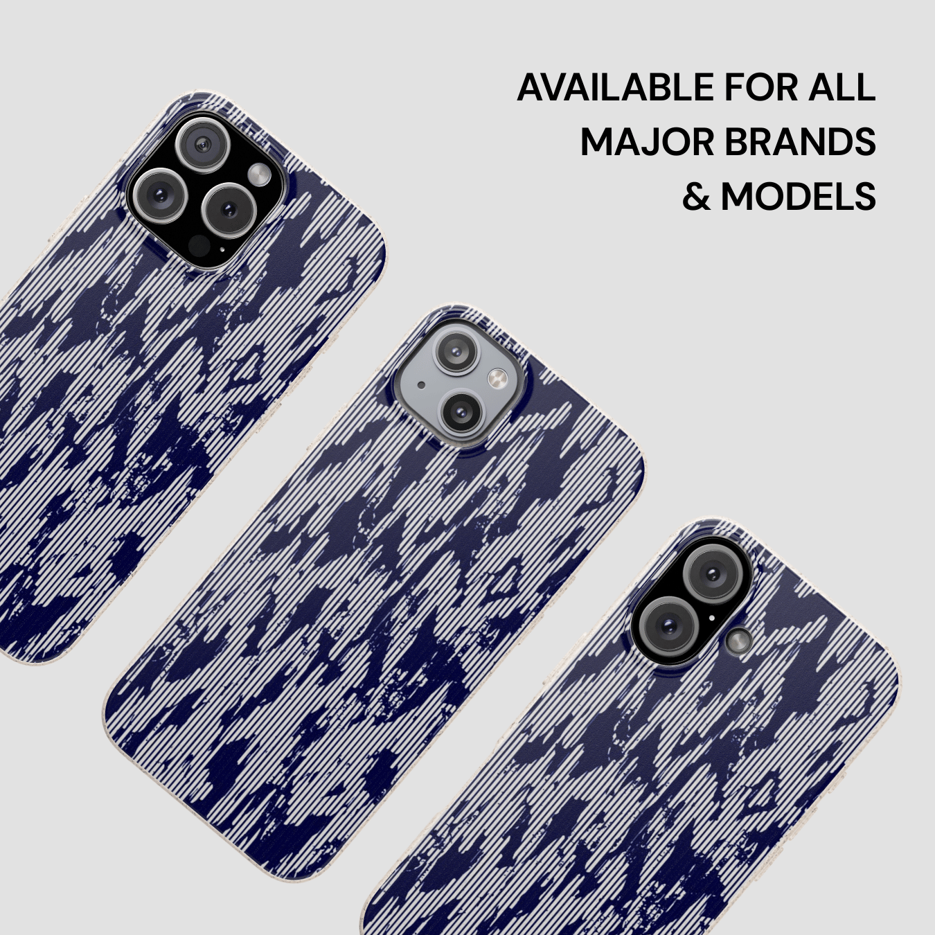 Three phone cases with a blue and white pattern on a light gray background.