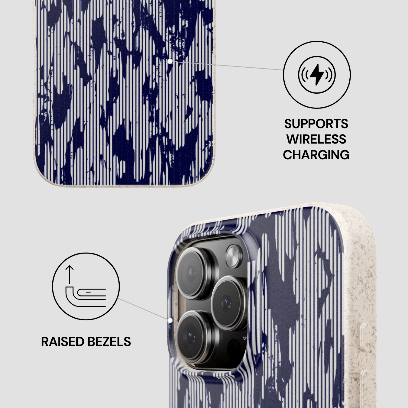 Phone case with abstract design, wireless charging symbol, and raised bezels text on a light gray background