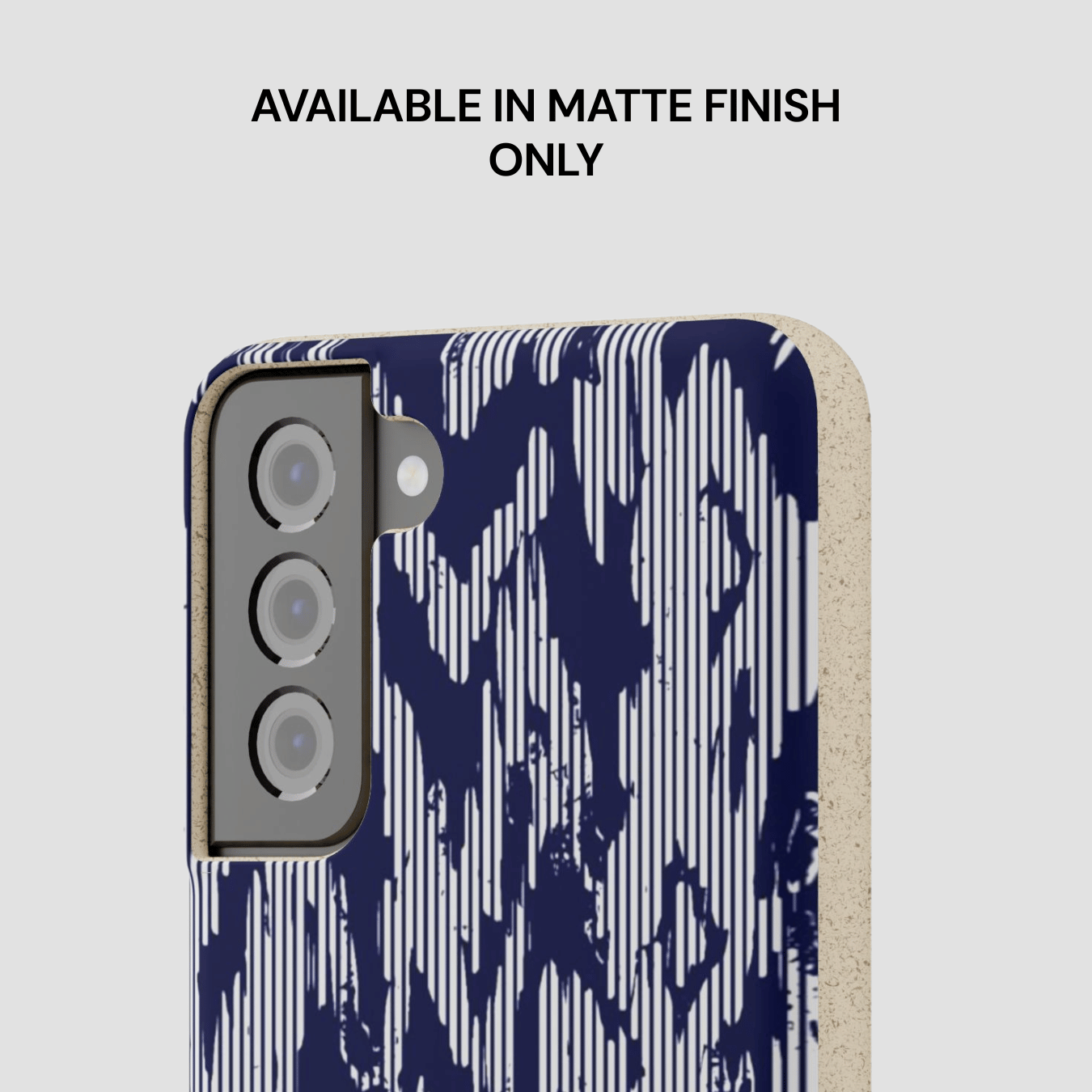 Phone case with blue and white abstract pattern on a light gray background