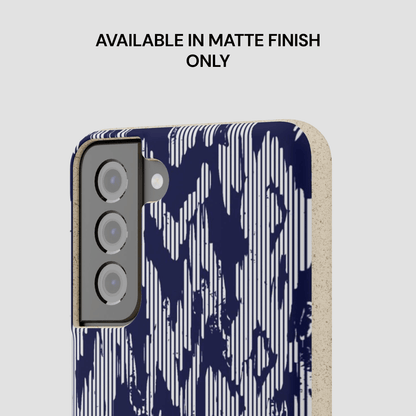 Phone case with blue and white abstract pattern on a light gray background
