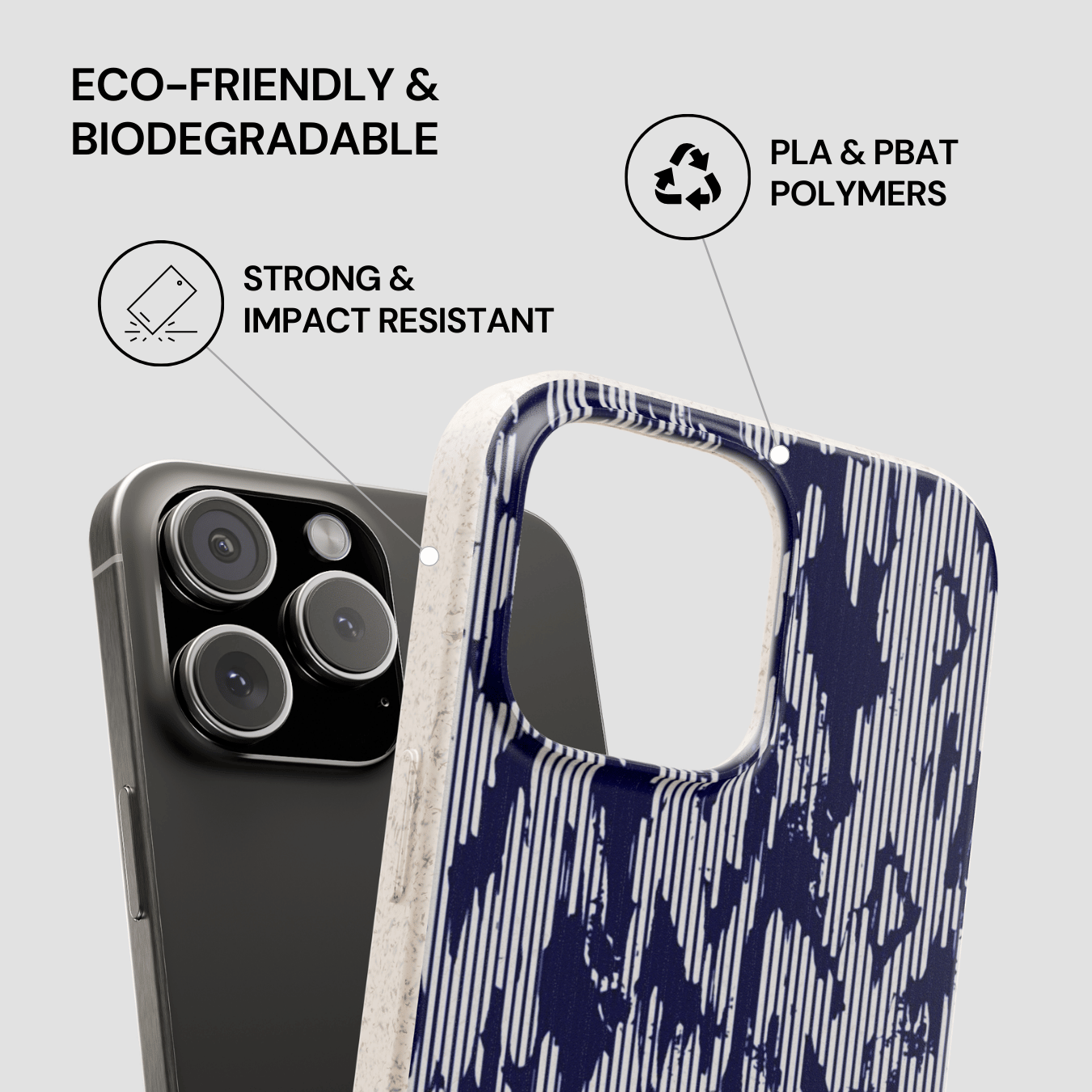 Phone case with eco-friendly and biodegradable features on a gray background
