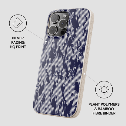 Phone case with blue abstract pattern on a white background
