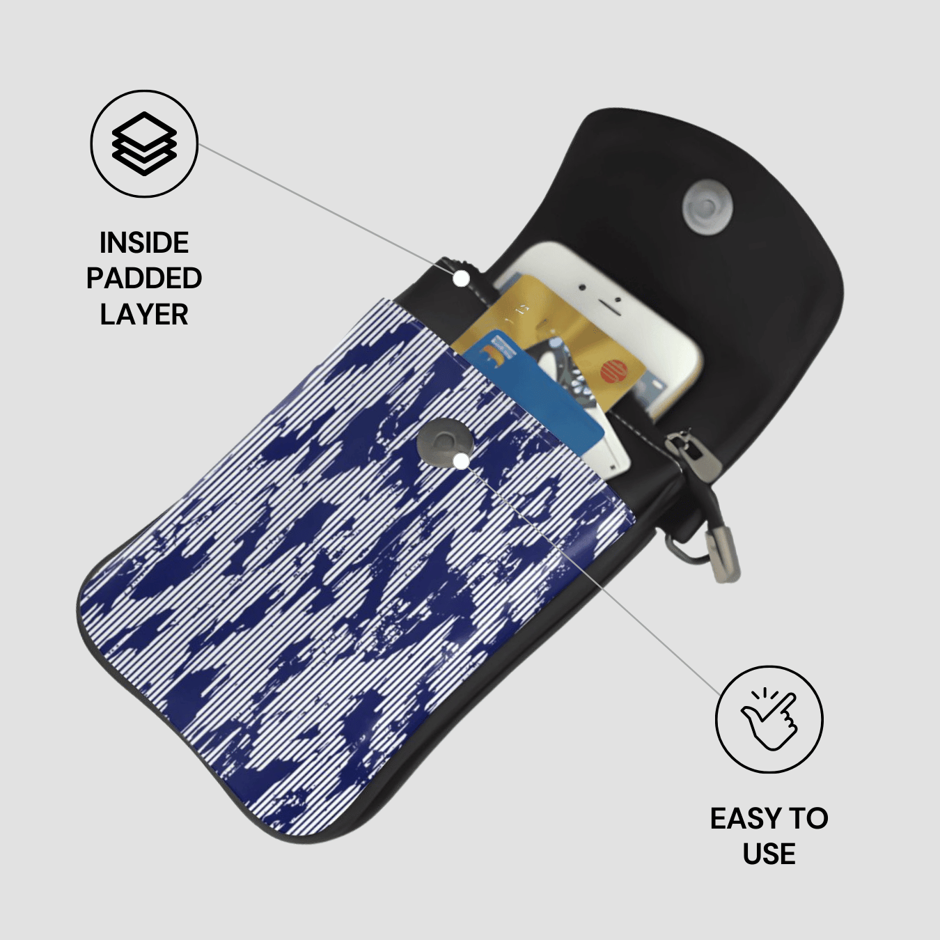 Black pouch with blue camouflage pattern inside, containing a phone and cards, on a light gray background.