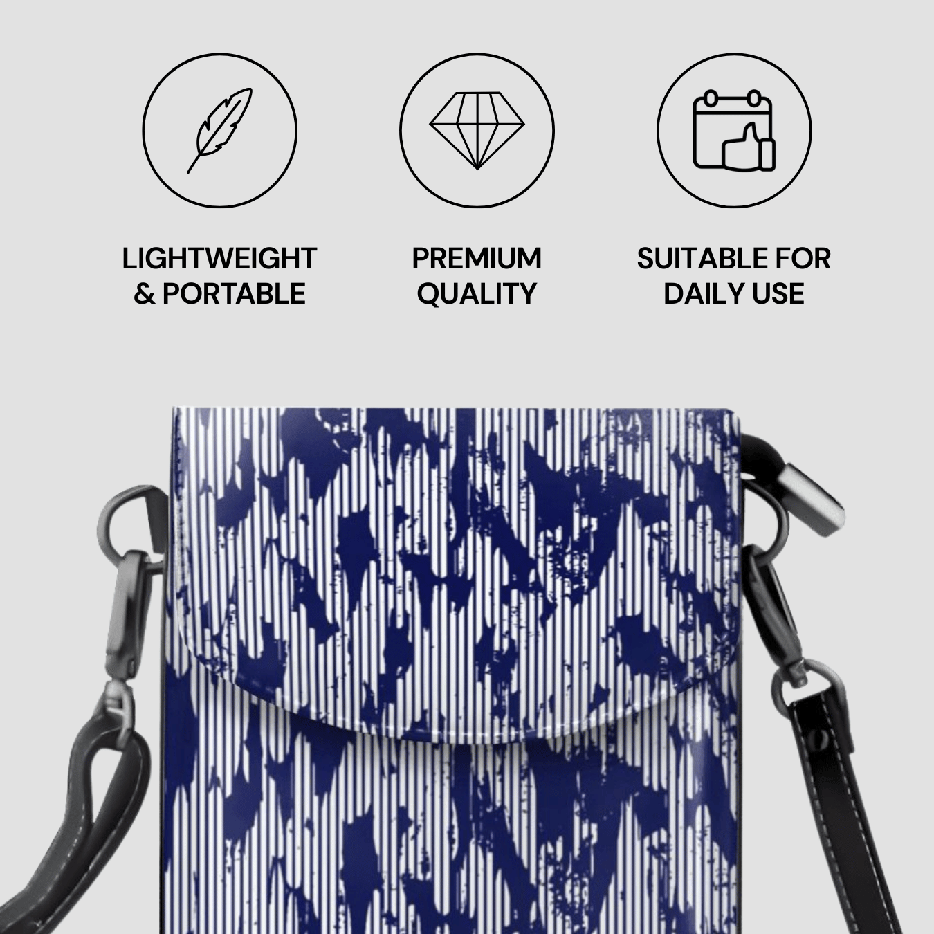 Small bag with blue and white pattern on a light gray background, featuring icons and text about product features.